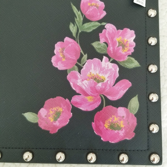 White House Black Market Black  Leather Silver Studded Pink Floral Clutch NWT - Picture 8 of 9